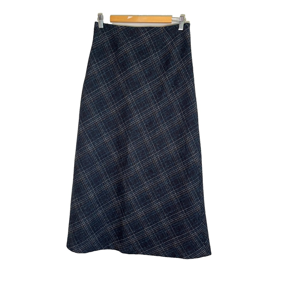 Neutral Plaid Wool Maxi Skirt 4 Blue Tartan Heritage Preppy Classic Earthy Chic